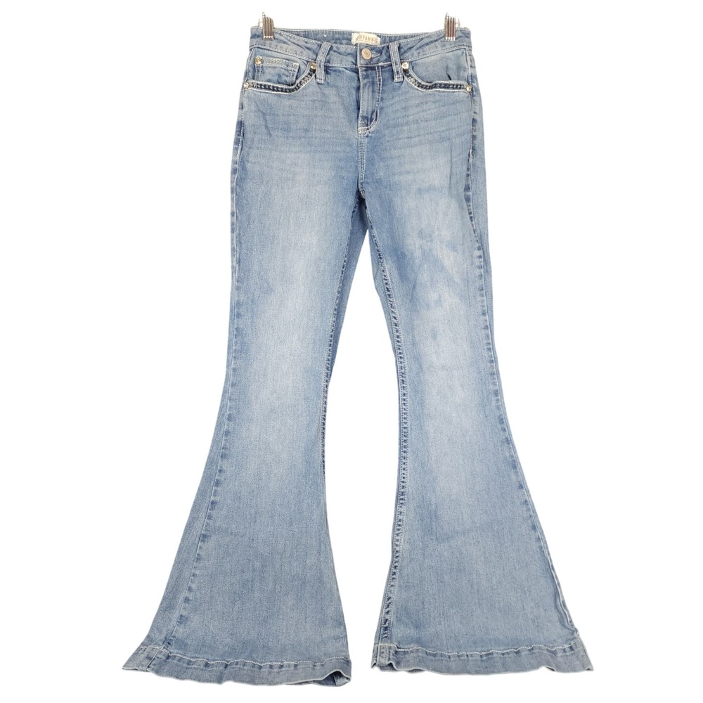 SHYANNE‎ Womens Jeans Size 28W x 32L Blue Denim Flare Leg Rhinestone Embellished